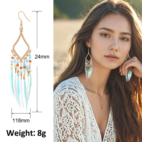 Bohemian Rhombus Alloy Drop Earrings With Earring Post Colorful Seed Beads Feather Tassel Long Dangle Ethnic Jewelry For Women