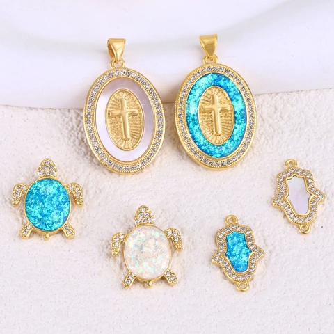Colgante Cruz Mano de Hamsa Tortuga Marina de Cobre Chapado en Oro Con Incrustaciones de Zirconia Concha para Joyería DIY