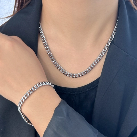 Minimalist Stainless Steel Cuban Link Jewelry Set For Women High Polished Curb Chain Necklace And Bracelet Hip Hop Jewelry