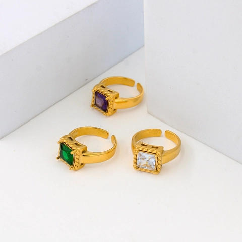 Vintage Square Zircon Stainless Steel Open Ring For Women Gold Plated Adjustable Geometric Gemstone Jewelry Finger Ring