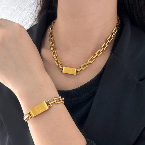 Minimalist Stainless Steel Rectangle Link Necklace And Bracelet For Men Women Industrial Style Fashion Jewelry Accessories