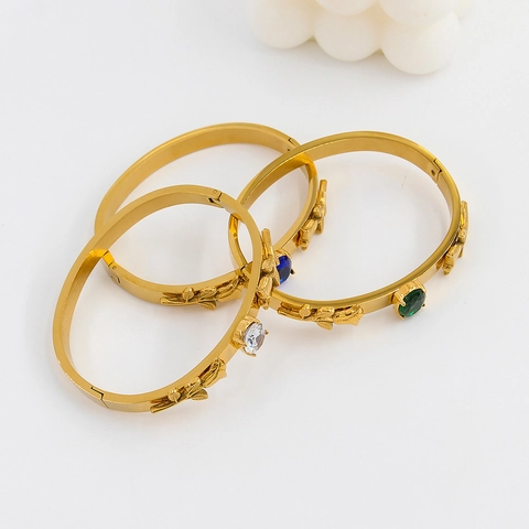 Vintage Stainless Steel Rose Flower Bangle For Women Gold Plated Oval Zirconia Inlaid Open Hinged Bracelet Elegant Jewelry