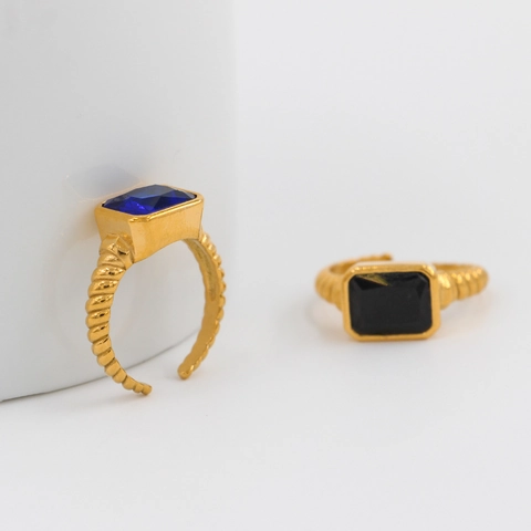 Vintage Gold Plated Stainless Steel Open Ring For Women Twisted Band Rectangular Zircon Adjustable Fashion Finger Ring
