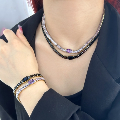 Luxury Stainless Steel Colorful Zircon Geometric Square Pendant Necklace Bracelet Set For Women Fashion Jewelry Gift
