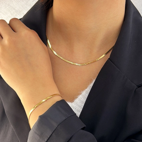 Minimalist Stainless Steel Jewelry Set For Men Women Gold Plated Wavy Flat Snake Chain Necklace And Bracelet Set Jewelry