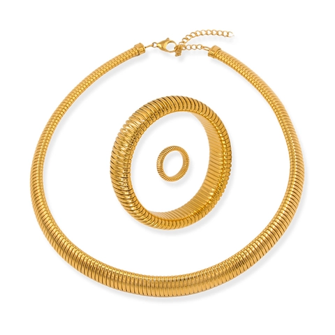 Minimalist Stainless Steel Jewelry Set For Women Gold Silver Plated Tubogas Spiral Snake Ring Bracelet Choker Necklace