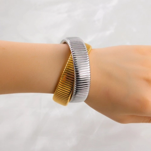 Bracciale Rigido Elastico Tubogas in Acciaio Inossidabile Vintage per Donna Uomo Oro Argento Gioielli Flessibili a Costine