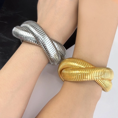 Lussuoso Bracciale Rigido Avvolgente Tubogas in Acciaio Inossidabile per Donna Oro Argento Galvanico Doppio Strato Flessibile Gioielli a Serpente