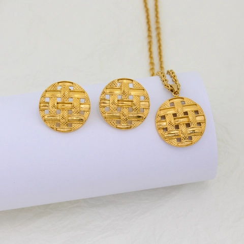 Vintage Edelstahl Webstruktur Rund Anhänger Halskette Und Ohrringe Set Für Frauen Minimalistisch Ajouré Metall Schmuckset