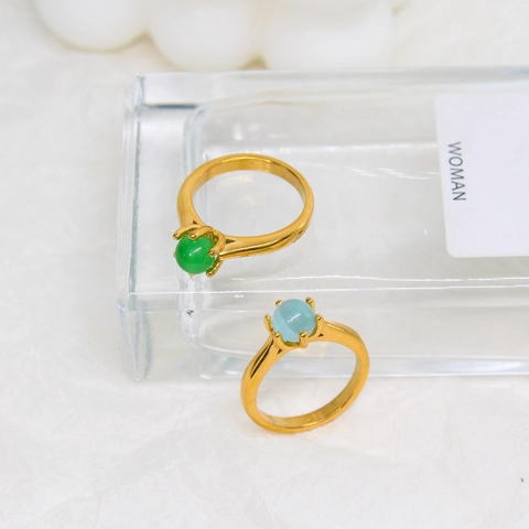 Vintage Royal Style Stainless Steel Gold Plated Ring Emerald Green Sapphire Blue Round Gemstone Fashion Jewelry For Women