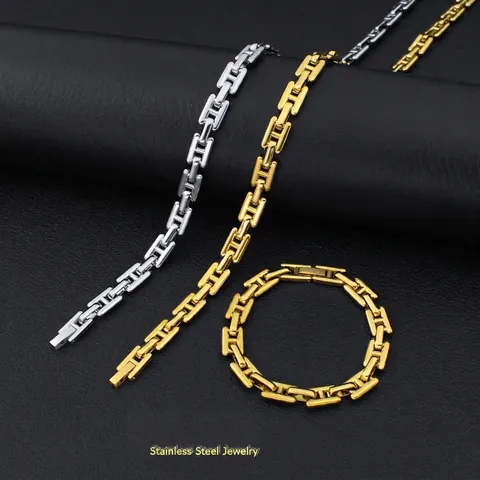 Conjunto de Joyas Minimalista de Acero Inoxidable con Eslabón H para Mujer Collar Y Pulsera Pulido Estilo Industrial Pesado