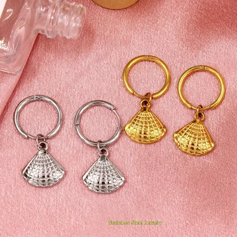 Ensemble de Bijoux Collier et Boucles d'Oreilles avec Pendentif Coquillage en Acier Inoxydable Or Argent Plaquè Texture de Maille