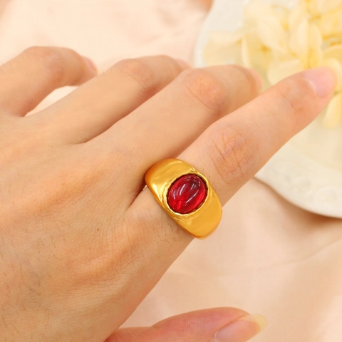 Anillo Vintage de Acero Inoxidable Chapado en Oro de 18K Con Piedra Preciosa Ovalada Para Mujer Minimalista Piedra Roja Verde Blanca Banda Ancha Joyería