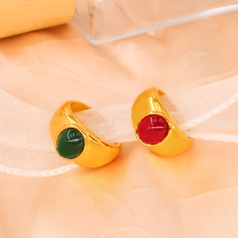 Anillo Vintage de Acero Inoxidable Chapado en Oro de 18K Con Piedra Preciosa Ovalada Para Mujer Minimalista Piedra Roja Verde Blanca Banda Ancha Joyería