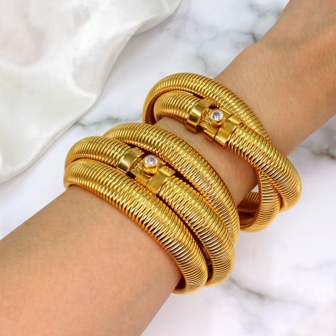 Stainless Steel Tubogas Spiral Bangle Gold Silver Plated Zircon Inlaid Open Cuff Layered Bracelet For Women Fashion Jewelry