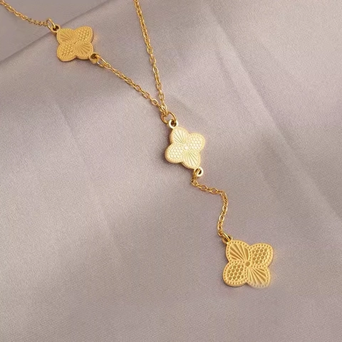 Light Luxury Titanium Steel Four Leaf Clover Tassel Necklace For Women Gold Plated Y Shape Flower Pendant Jewelry Gift