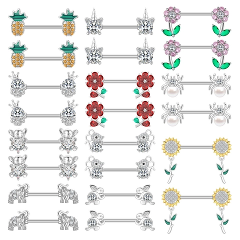 Stainless Steel Nipple Rings Barbell Body Piercing Jewelry Zircon Pineapple Elephant Rabbit Skull Unicorn Spider Flower For Women