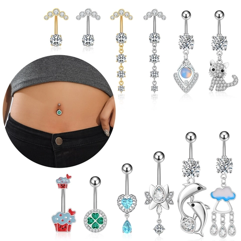 Fashion Stainless Steel Zirconia Belly Button Rings For Women Cat Dolphin Lotus Four Leaf Clover Body Piercing Jewelry