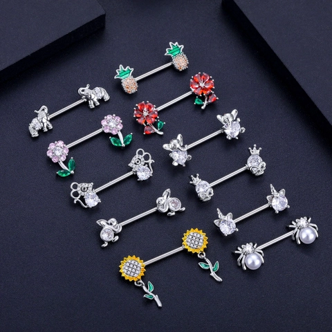 Stainless Steel Nipple Rings Barbell Body Piercing Jewelry Zircon Pineapple Elephant Rabbit Skull Unicorn Spider Flower For Women