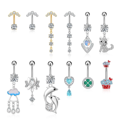 Fashion Stainless Steel Zirconia Belly Button Rings For Women Cat Dolphin Lotus Four Leaf Clover Body Piercing Jewelry