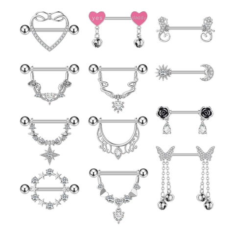Stainless Steel Zircon Nipple Rings Heart Rose Butterfly Star Moon Pendant Piercing Jewelry Nipple Barbells For Women