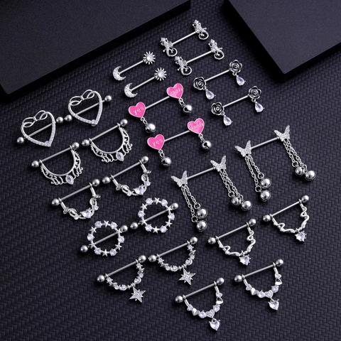 Stainless Steel Zircon Nipple Rings Heart Rose Butterfly Star Moon Pendant Piercing Jewelry Nipple Barbells For Women