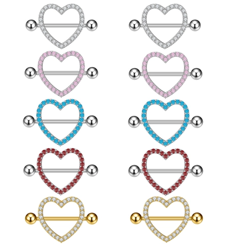 Fashion Heart Shape Copper Zirconia Nipple Rings For Women Sparkly Rhinestone Body Piercing Jewelry Heart Nipple Shields Barbell Rings