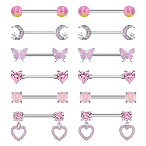 Stainless Steel Pink Zircon Heart Moon Butterfly Nipple Ring Barbells For Women Body Piercing Decorative Jewelry Accessories