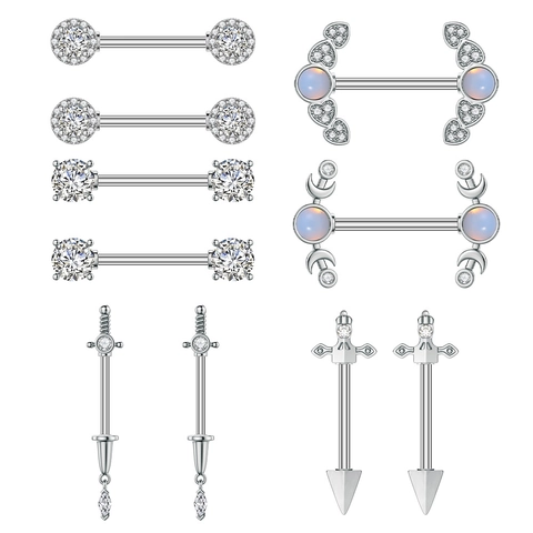 Barras de Pezón de Acero Inoxidable para Mujer Joyería de Perforación de Zirconia Ópalo Sintético Forma de Corazón Luna Espada
