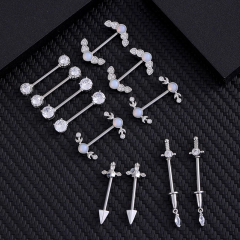 Barras de Pezón de Acero Inoxidable para Mujer Joyería de Perforación de Zirconia Ópalo Sintético Forma de Corazón Luna Espada