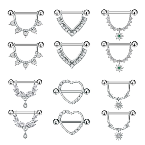 Copper Zirconia Nipple Rings For Women Silver Heart Sun Lightning Star Pendant Piercing Jewelry Barbell Body Piercing