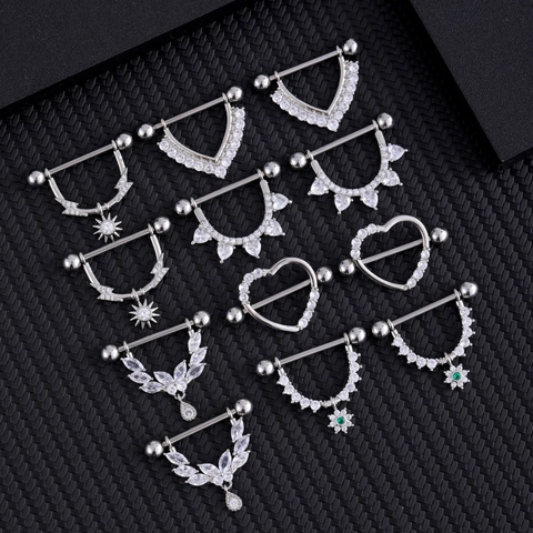 Copper Zirconia Nipple Rings For Women Silver Heart Sun Lightning Star Pendant Piercing Jewelry Barbell Body Piercing