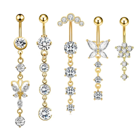 Stainless Steel Zirconia Heart Butterfly Flower Dangle Belly Rings Umbilical Piercing For Women Fashion Body Jewelry