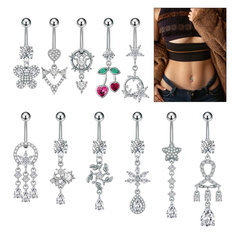Stainless Steel Belly Button Ring For Women Butterfly Heart Cherry Moon Star Navel Piercing Rhinestone Body Jewelry