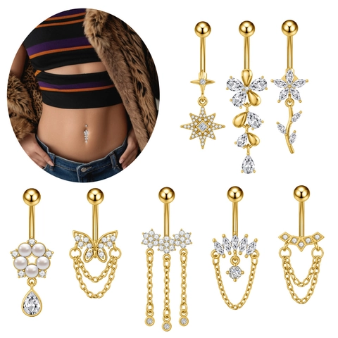 Stainless Steel Zirconia Butterfly Flower Star Tassel Navel Ring Gold Silver Plated Belly Button Piercing Jewelry For Women