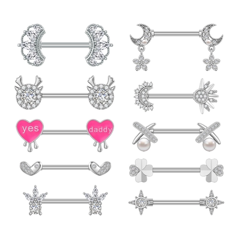 Stainless Steel Nipple Rings Fashion Zircon Heart Sun Moon Reindeer Clover Body Piercing Jewelry For Women