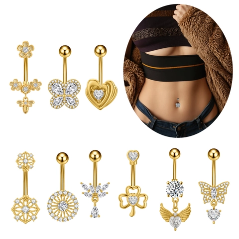 Stainless Steel Zirconia Belly Ring Heart Butterfly Bee Angel Wing Piercing Navel Stud Fashion Body Jewelry For Women