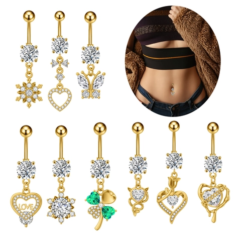 Stainless Steel Zirconia Butterfly Heart Snowflake Clover Dangle Belly Button Ring Navel Piercing Jewelry For Women Fashion Accessory