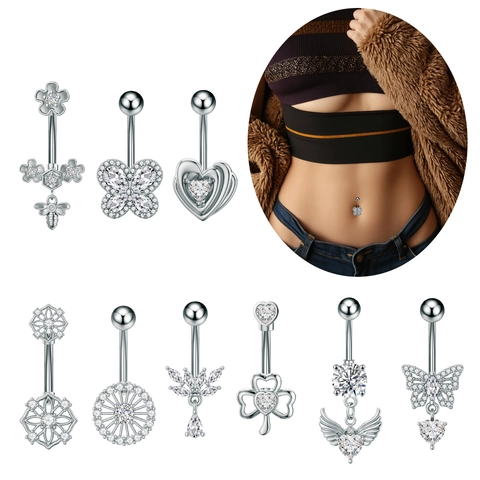 Stainless Steel Zirconia Belly Ring Heart Butterfly Bee Angel Wing Piercing Navel Stud Fashion Body Jewelry For Women