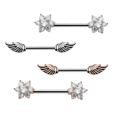 Stainless Steel Zirconia Nipple Rings For Women Flower Wing Heart Barbell Body Piercing Jewelry Silver Rose Gold