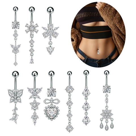 Stainless Steel Zirconia Belly Ring For Women Gold Silver Butterfly Heart Flower Dangle Navel Piercing Body Jewelry