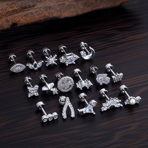 Pendientes de Botón de Acero Inoxidable Zirconia Para Mujeres Hombres Cara Sonriente Luna Estrella Corona Pequeños Minimalistas Joyería de Piercing de Oreja