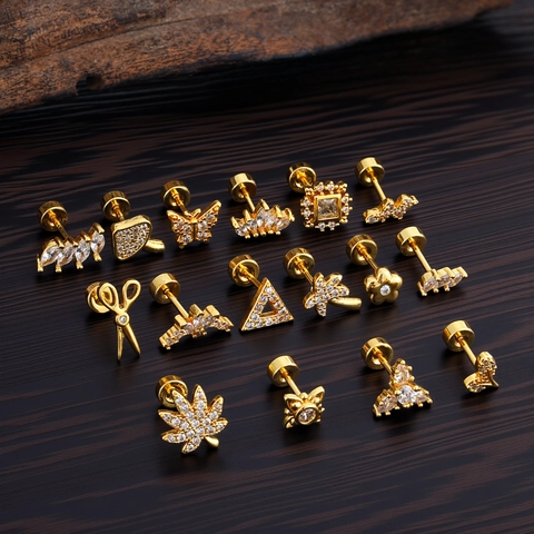 Stainless Steel Zirconia Helix Ear Stud Flat Back Screw Heart Star Butterfly Pattern Gold Silver Earrings For Women Piercing Jewelry