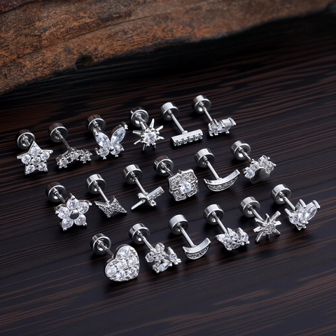 Stainless Steel Micro Inlaid Zircon Ear Bone Stud Minimalist Screw Back Piercing Earrings Gold Silver Heart Moon Jewelry