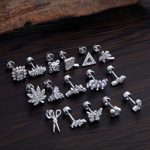 Stainless Steel Zirconia Helix Ear Stud Flat Back Screw Heart Star Butterfly Pattern Gold Silver Earrings For Women Piercing Jewelry