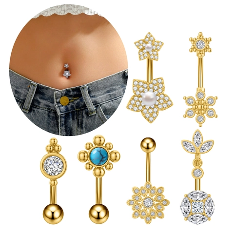 Roestvrijstalen Bauchnabelpiercing met Zirkonia voor Vrouwen Goud Zilver Sneeuwvlok Bloem Kunstparelimitaties Turkoois