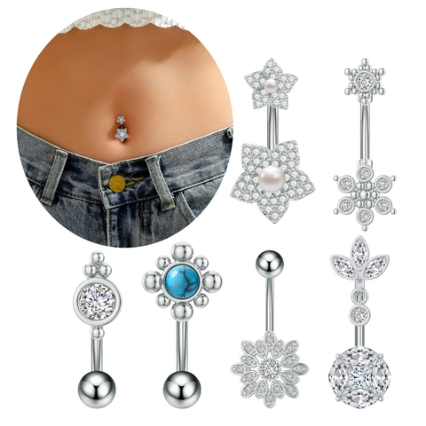 Roestvrijstalen Bauchnabelpiercing met Zirkonia voor Vrouwen Goud Zilver Sneeuwvlok Bloem Kunstparelimitaties Turkoois