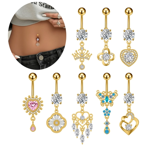 Piercing de Ombligo de Acero Inoxidable con Zircón Mariposa Corazón Corona Colgante Joyería para Mujer Moda Piercing Ombligo