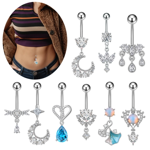 Stainless Steel Zircon Belly Button Ring Fashion Heart Star Moon Ginkgo Leaf Enamel Body Piercing Piercing Jewelry For Women