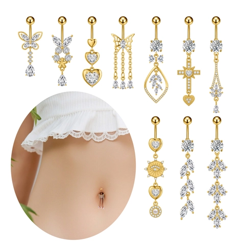 Stainless Steel Navel Piercing Jewelry With Zirconia Butterfly Heart Cross Leaf Tassel Dangle Belly Ring For Women